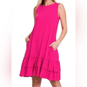 Zenana Hot Pink Sleeveless Ruffle Hem Stretch Knit Dress, Size 2X, Casual Comfy